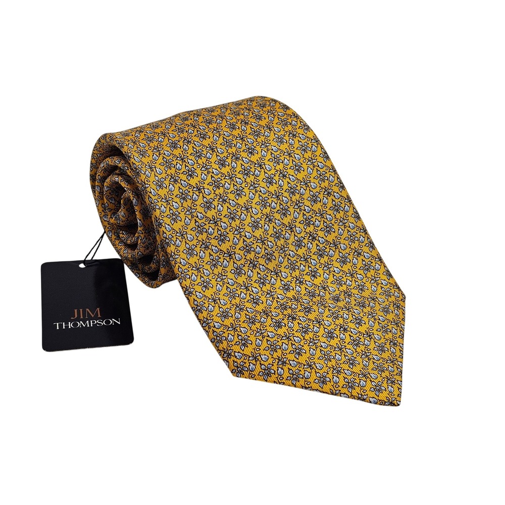 Jim Thompson Silk Tie Mens OS Yellow Floral Geometric Print Made in Thailand NWT